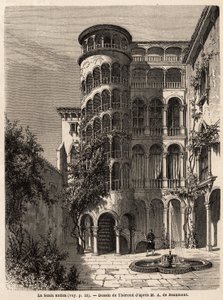 La Scala Antica, Therond rajza, Adalbert de Beaumont 1850 körüli velencei utazásának illusztrálására. Metszet a „” Le tour du monde”-ban, szerkesztette Edouard Charton alkotó: Emile Theodore Therond