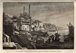 Madhoray ghat (a folyó partjait borító lépcsők, amelyek lehetővé teszik, hogy vízzel érintkezve leereszkedjen) és a benaresi Aurangzeb mecset, amelyet E. Therond rajza után véstek, és a rádzsák indiai utazását illusztrálják 1864-1868-ban , szerző: Louis Ro alkotó: Emile Theodore Therond