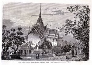 Palota kertje. Sziám utolsó királyának hamvait tartalmazó pavilon. Thérond rajza M. Mouhot albumáról. “Tour du monde” alkotó: Emile Theodore Therond