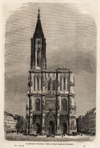 A strasbourgi székesegyház homlokzata, Therond rajza Victor Duruy Párizsból Bukarestbe tartó 1860-as utazásának illusztrálására. Metszet a „” Le tour du monde”-ban 1861. Selva gyűjteménye.