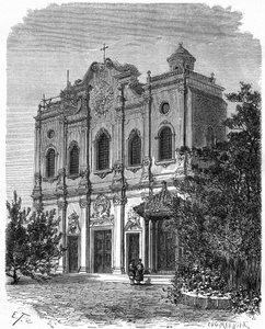 Kilátás a nantangi székesegyház homlokzatára, amely Matteo Ricci (1552-1610), a kínai katolicizmus atyja házának helyén épült. Metszet Therond rajza nyomán, a „Le Tour du Monde, Nouveau Journal des Voyages” című kiadványban, szerkesztette Edouard Chart alkotó: Emile Theodore Therond
