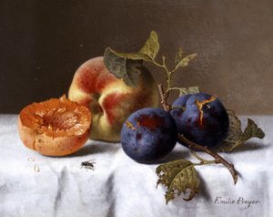 Csendélet őszibarackból és rothadt szilvából. Emilie Preyer (1849-1930) festménye Magángyűjtemény.
