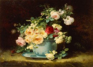 Rózsák kék-fehér porcelán tálban (olaj, vászon) alkotó: Emilie Vouga