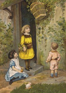 Gyerekek csodálják a függőkosarat (chromolitho)