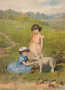 Két lány simogat egy bárányt (chromolitho)