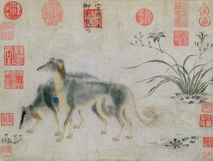Két saluki kopó, 1427 (tinta papíron) alkotó: Emperor Hsuan tsung