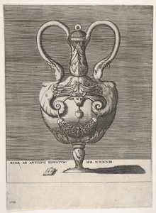 Antik fedeles váza, két fogantyúval, amelyek a hibrid női Sph... fejéből emelkednek ki, 1543 vagy azután. alkotó: Enea Vico