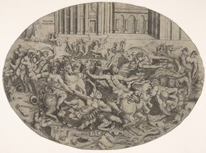 Harc amazonok és férfiak között építészeti árkádok előtt, ovális kompozíció..., 1543. alkotó: Enea Vico
