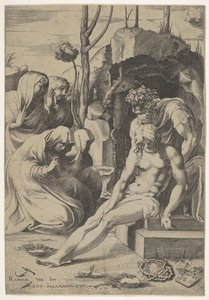 Krisztus síremléke, akinek mellkasát Arimatheai József fogja meg, két térdelt és..., 1543. alkotó: Enea Vico