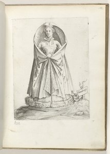 Flandria (cím a tárgyon) Een vrouw uit Vlaanderen, gekleed volgens de mode van ca. 1550 Korunk különböző nemzeteinek attitűdjei (sorozat címe) alkotó: Enea Vico