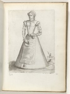 Galla mul(ier) (cím az objektumon) Egy férjes nő Franciaországból, 1550 körüli divat szerint öltözve Diversarum gentium nostrae aetatis habitus (sorozat címe) alkotó: Enea Vico