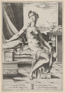 Lucretia meztelenül, az ablak előtt ül, jobb kezében tőrrel, kezében d..., kb. 1535-67.