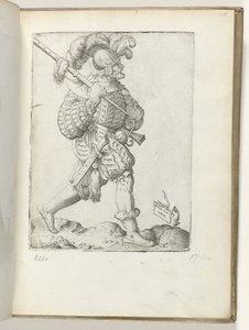 német katona (cím a tárgyon) Duitse soldaat, gekleed volgens de mode van ca. 1550 Korunk különböző nemzeteinek attitűdjei (sorozat címe) alkotó: Enea Vico