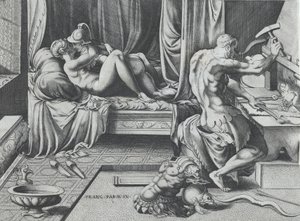 A Vénusz és a Mars ölelkezve, mint a Vulkán munkája a kovácsműhelyében, 1543.