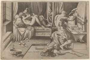 Vénusz és Mars ölelkezik Vulkánnal a kovácsműhelyében alkotó: Enea Vico after Parmigianino