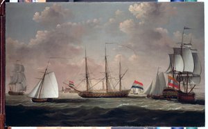 A kelet-indiai „t Slot ter Hooge” és más hajózás élénk szellőben egy holland kikötőnél, esetleg Flushingban