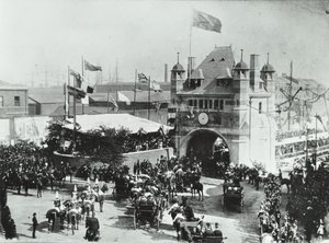 Blackwall alagút: lovas kocsik haladnak át az alagút bejárati ünnepélyes megnyitóján, 1897 alkotó: English Photographer