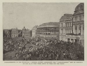 Parancsnoki a Transvaalban, Joubert tábornok beszédet mond a Commandeered Menekhez Pretoriában május 23-án, amikor a front felé indultak. alkotó: English Photographer