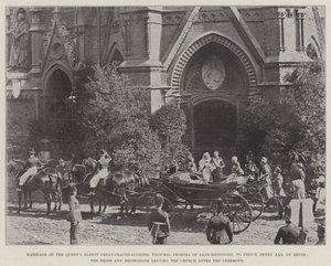 A királynők legidősebb dédunokájának, Feodora szász-meiningeni hercegnőnek a házassága Henrik XXX Reuss herceggel, a menyasszony és a vőlegény, aki a szertartás után elhagyja a templomot alkotó: English Photographer