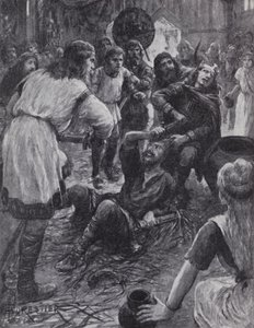 I. Edmund király meggyilkolása, miközben részt vett a Szent Ágoston napi misén Pucklechurchben, Gloucestershire, 946 (litho) alkotó: English Photographer