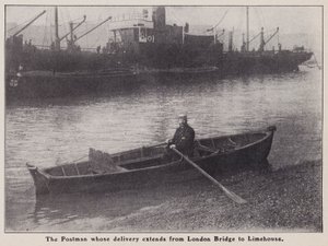 Postás, akinek a kézbesítése a London Bridge-től Limehouse-ig tart egy hajóval a Temzén, London (f/w fotó) alkotó: English Photographer