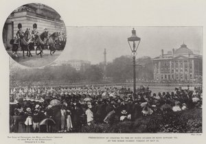 VII. Edward király színbemutatója a 3. skót gárdának a lóőrök felvonulásán május 24-én alkotó: English Photographer