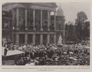 VII. Edward király kiáltványa Pietermaritzburgban, Sir Walter Hely-Hutchinson, leköszönő kormányzó felolvassa a Kiáltványt a Parlament épületeiben alkotó: English Photographer