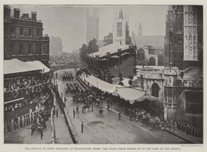 Felségeik érkezése a Westminster Abbey-be, a melléképület ajtajánál összeállított állami autóbuszhoz alkotó: English Photographer