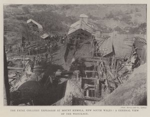 A végzetes Colliery-robbanás a Mount Kembla-nál, Új-Dél-Walesben, általános kép a roncsokról alkotó: English Photographer