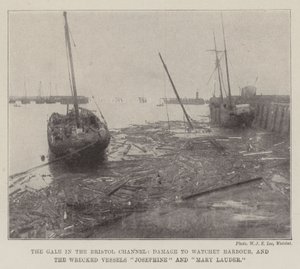 Gáz a Bristol-csatornában, a Watchet Harbourban keletkezett károk, valamint az összetört Josephine és Mary Lauder hajók alkotó: English Photographer