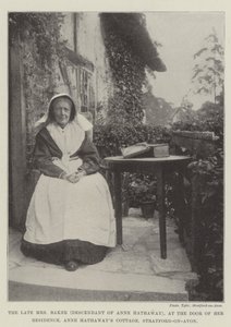A néhai Mrs Baker (Anne Hathaway leszármazottja), a Stratford-on-Avon állambeli Anne Hathaways Cottage ajtajában alkotó: English Photographer