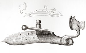 17. századi Matchlock. A kézi lőfegyver kilövésére használt mechanizmus vagy zár a The British Army: Its Origins, Progress and Equipment című könyvéből, 1868. alkotó: English School