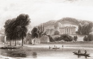 19. századi kilátás a Beaumont Lodge-ról, Old Windsor, Berkshire, Anglia. 1854-ben eladták a Jézus Társaságának, és átnevezték a Beaumont College-nak, egy jezsuita állami iskolának. Churton 1836-ban kiadott Portré és tájképtárából. alkotó: English School