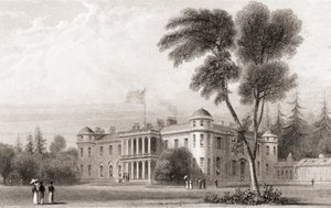 19. századi kilátás a Goodwood House-ra, Nyugat-Sussex, Dél-Anglia. Churton 1836-ban megjelent Portré- és Tájképtárából. alkotó: English School