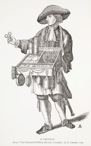 Egy Chapman, a The Cries and Habits of the City of the London, M. Lauren, 1709, előlapi illusztráció a Chap-books of the Eightenth Century-ből, John Ashton, pub. 1882 alkotó: English School