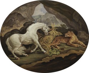 Egy ló, akit George Stubbs (1724-1806) után egy oroszlán megijesztett (zománctábla)