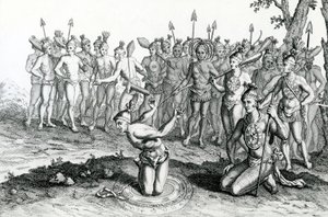 Egy floridai király tanácsot adott a bűvészével, mielőtt csatába indult, illusztrációja a Moores Voyages and Travelsből, 1778 alkotó: English School
