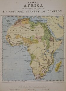 Afrika térképe David Livingstone (1813-73), Henry Morton Stanley (1841-1904) és Verney Lovett Cameron (1844-94) utazásainak illusztrálására