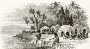 Egy bennszülött tábor Queenslandben, 1880 körül, Howard Willoughby „Australian Pictures” című művéből, a Religious Tract Society, London, 1886 alkotó: English School