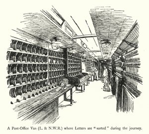 Ein Postwagen, L und NWR, wo Briefe während der Fahrt sortiert werden (Lithographie)