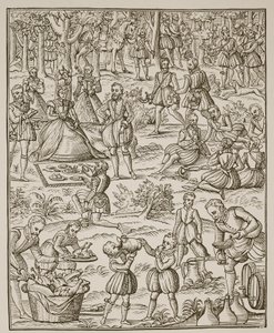 Királyi piknik, tányér a Noble Art of Venerie and Hunting-ból, George Turberville, 1575 (szépia fotó) alkotó: English School