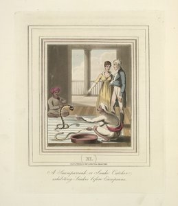 Saumpareeah vagy Kígyófogó, aki kígyókat mutat be az európaiak előtt, 1824 körül (színes litó) alkotó: English School