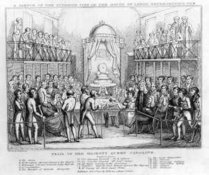 Vázlat a Lordok Házának belső nézetéről, amely Őfelsége Caroline királyné perét ábrázolja, kocsma. 1820 (fekete-fehér metszet) alkotó: English School
