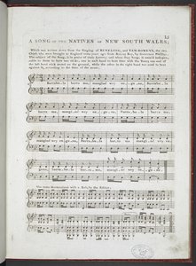 „A Song of the Natives of New South Wales”, a „Musical Curiosities; vagy Válogatás a legjellegzetesebb nemzeti dalokból, és levegők...”, Edward Jones 1811 (litho) alkotó: English School