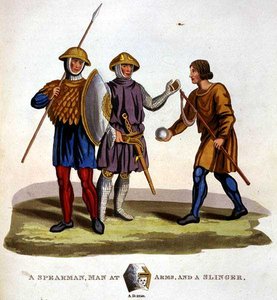 Egy lándzsás, fegyveres férfi és egy parittyás alkotó: English School