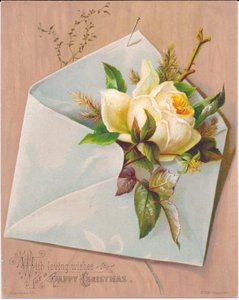 Egy viktoriánus karácsonyi üdvözlőlap, amely egy borítékot ábrázol, és egy rózsa áll ki belőle, 1880 körül alkotó: English School