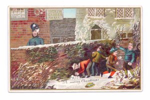 Viktoriánus karácsonyi üdvözlőlap téglafal mögött rejtőző fiúkkal, akik hógolyót dobnak egy rendőrre, 1880 körül (színes litó) alkotó: English School