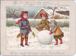 Viktoriánus karácsonyi képeslap három gyerekkel, akik egy nagy hógolyóval játszanak, 1880 körül (színes litográfia) alkotó: English School