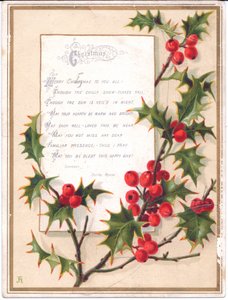 Egy viktoriánus karácsonyi üdvözlőlap nagy magyalpermettel és egy verssel, 1880 körül alkotó: English School