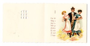 Egy úriember viktoriánus üdvözlőkártyája két szobalánnyal, 1880 körül alkotó: English School